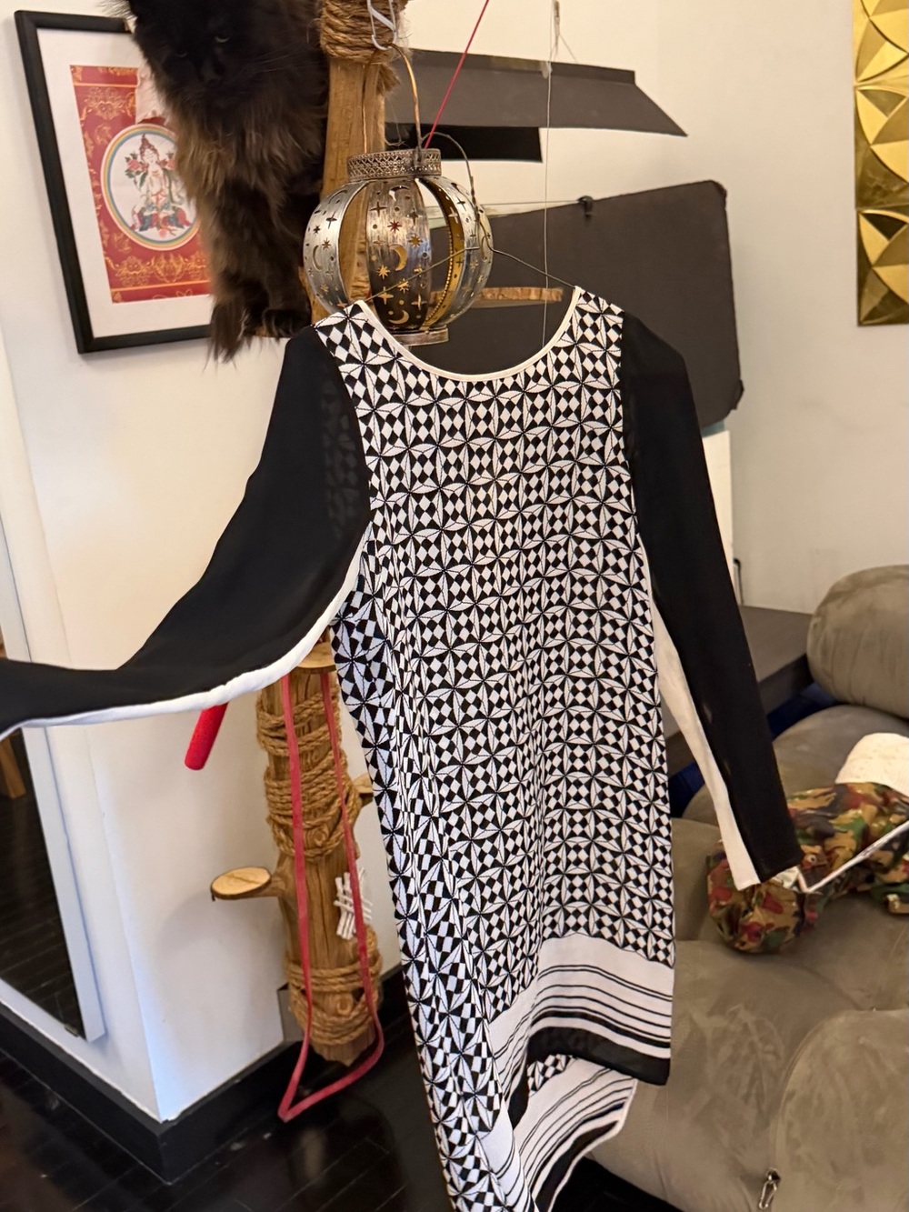 Black & White Geometric Long-Sleeve Shift Hi Low Dress